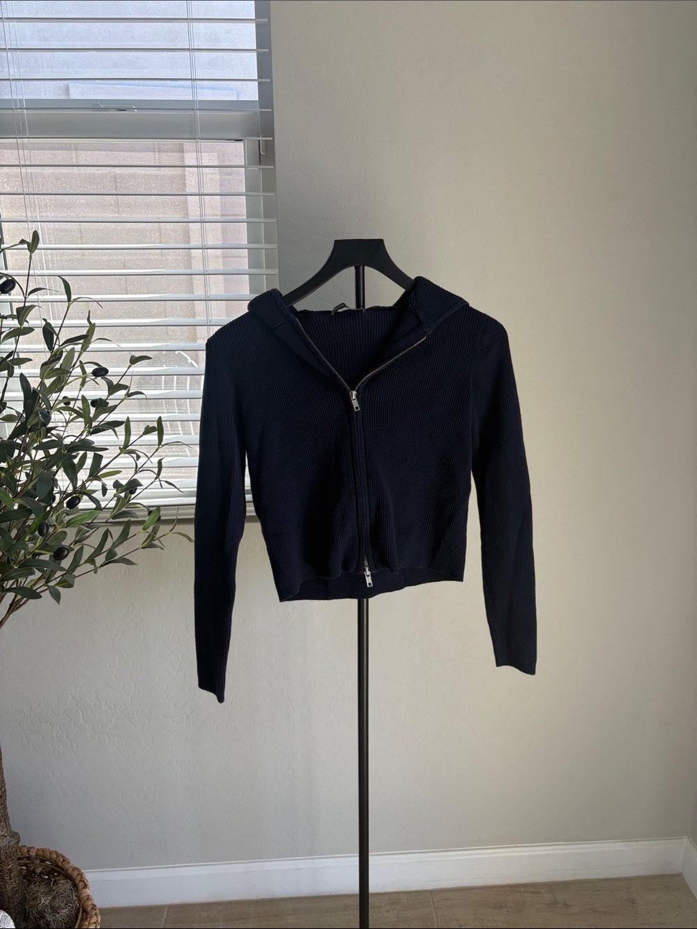 Brandy Melville Navy Ribbed Zip Hoodie